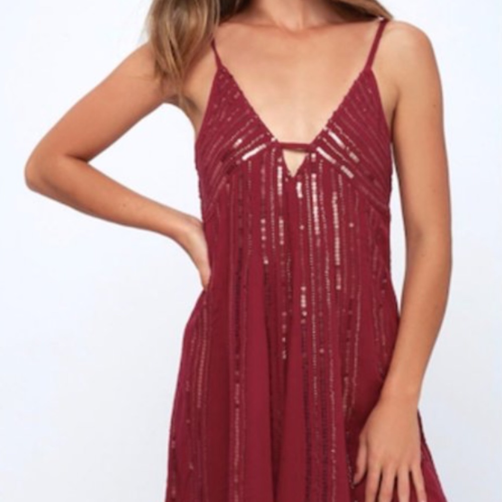 Free People Here She Is Burgundy Sequin Slip Dress